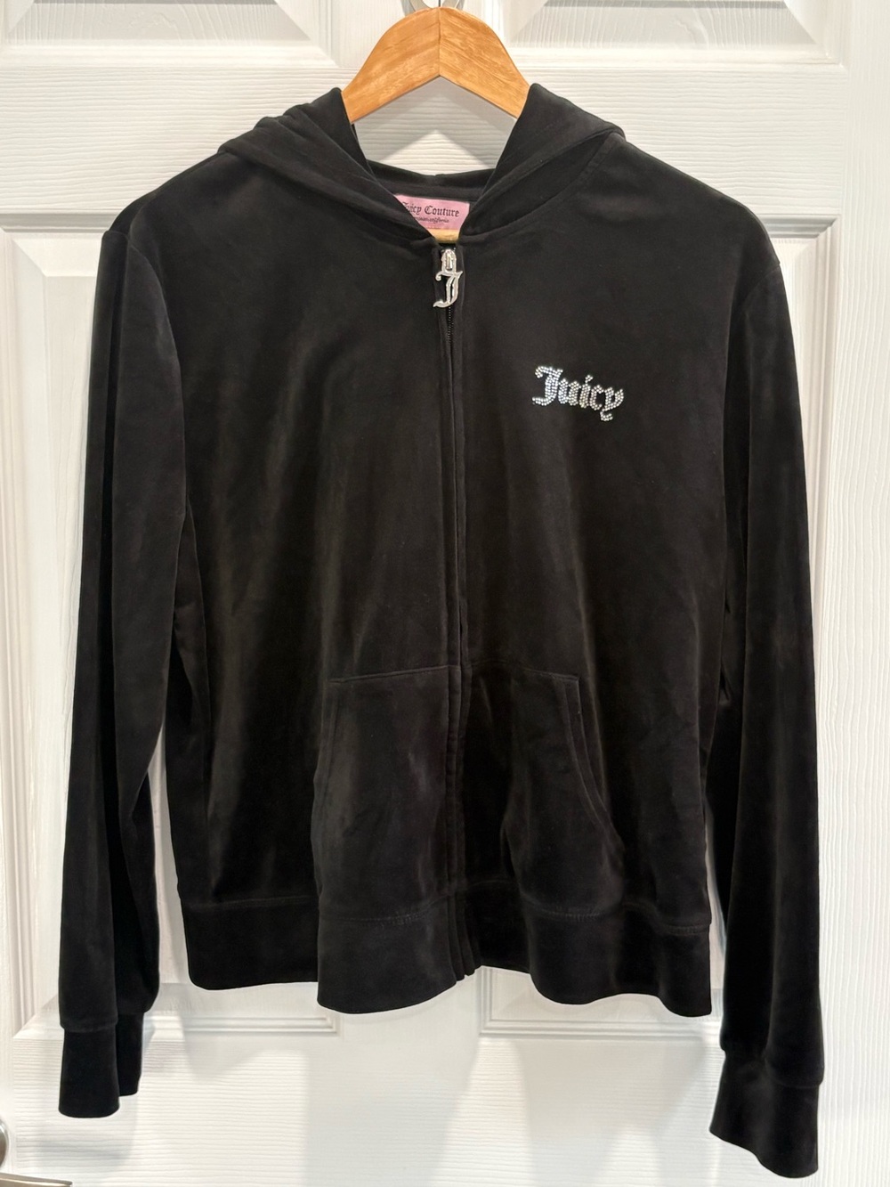 Juicy Couture Velour Full-Zip Rhinestone Logo Hoodie Y2K Glam, Black, Size XL
